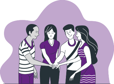 4 Menschen stehen im Kreis und strecken ihre Hand in die Mitte